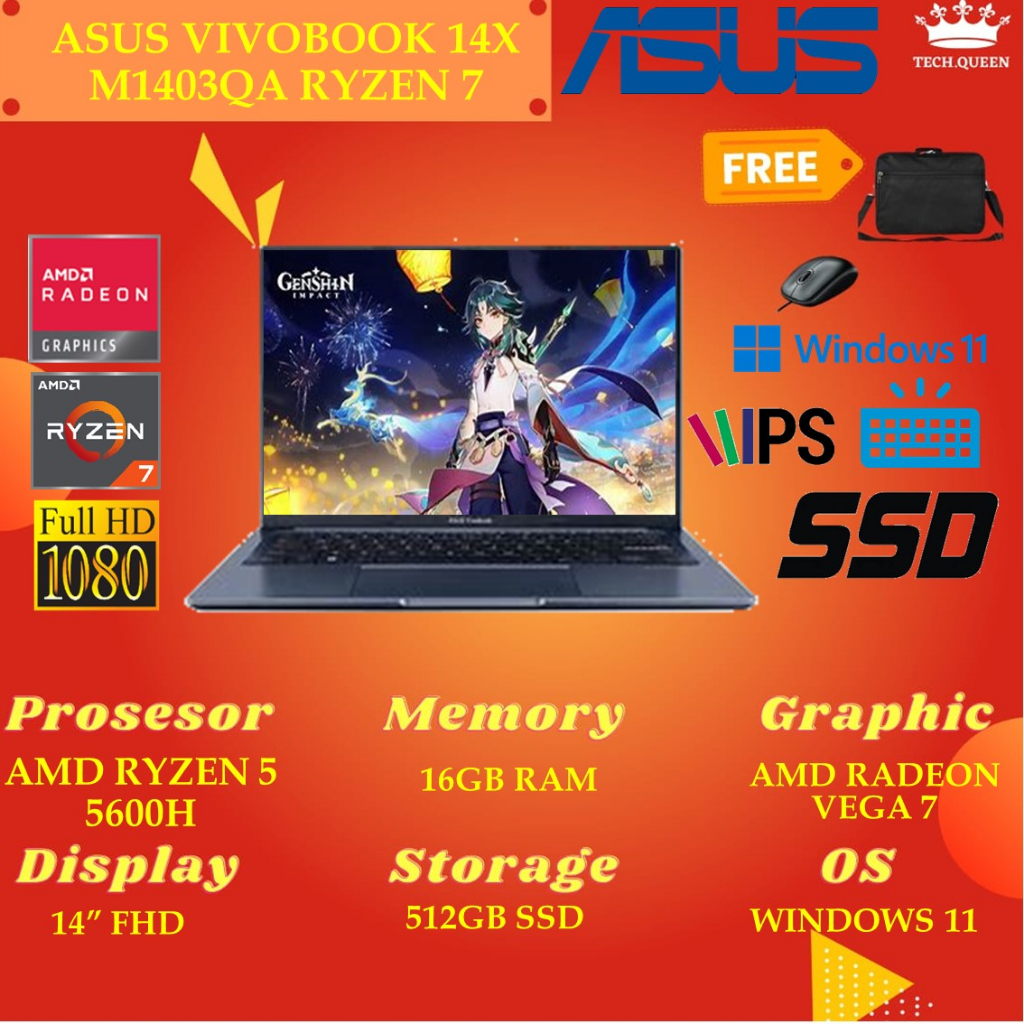 ASUS VIVOBOOK 14X M1403QA VIPS752 - RYZEN 7 5800H 16GB 512SSD VEGA7 WINDOWS 11+OHS 14.0 INCHI WUXGA IPS RAMSLOT SLV