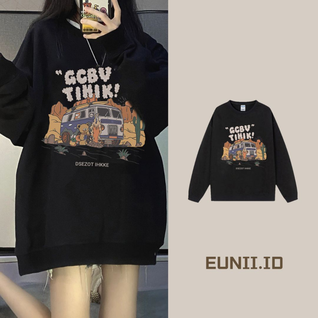 EUNII Sweater Lengan Panjang Cartoon Desert Car Printing Korean Style/Sweater Crop/Baju Wanita/Switer Wanita/Switer