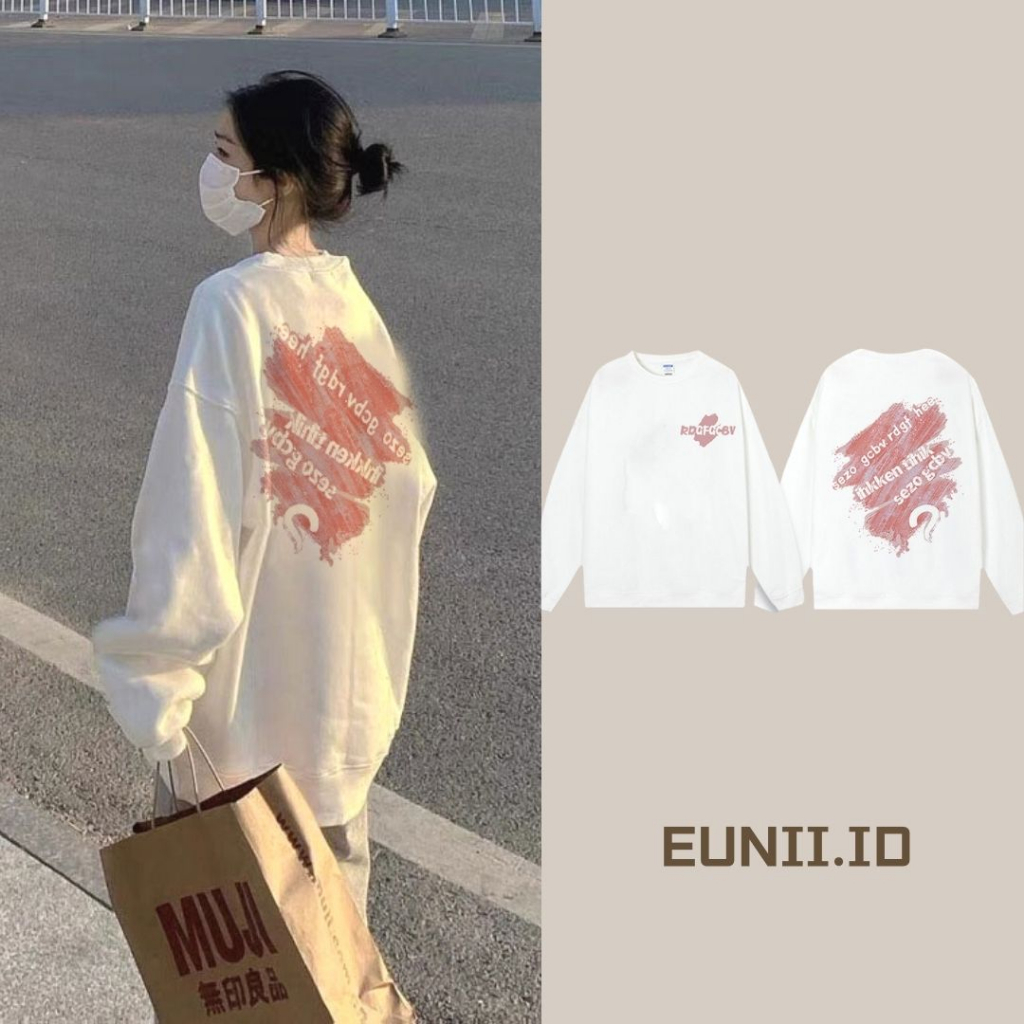 EUNII Sweater Lengan Panjang Cartoon Pink Doodle Question Mark Printing Korean Style/Sweater Crop/Baju Wanita/Switer Wanita/Switer
