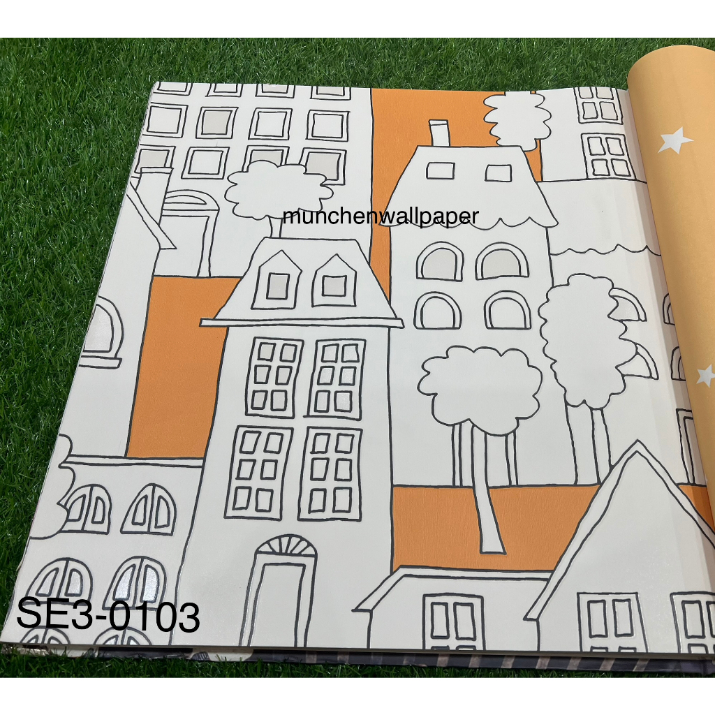 Wallpaper Dinding Anak Murah Gambar Rumah Kartun Orange Hijau Biru Pink
