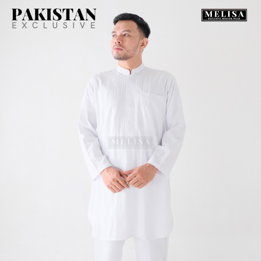 baju koko setelan pakistan pria dewasa warna putih bahan poli katun ukuran M L XL model terbaru Setelan Kurta Pakistan Koko Muslim Lengan Panjang Dewasa Remaja Pria Laki Laki Ukuran M L XL - Putih