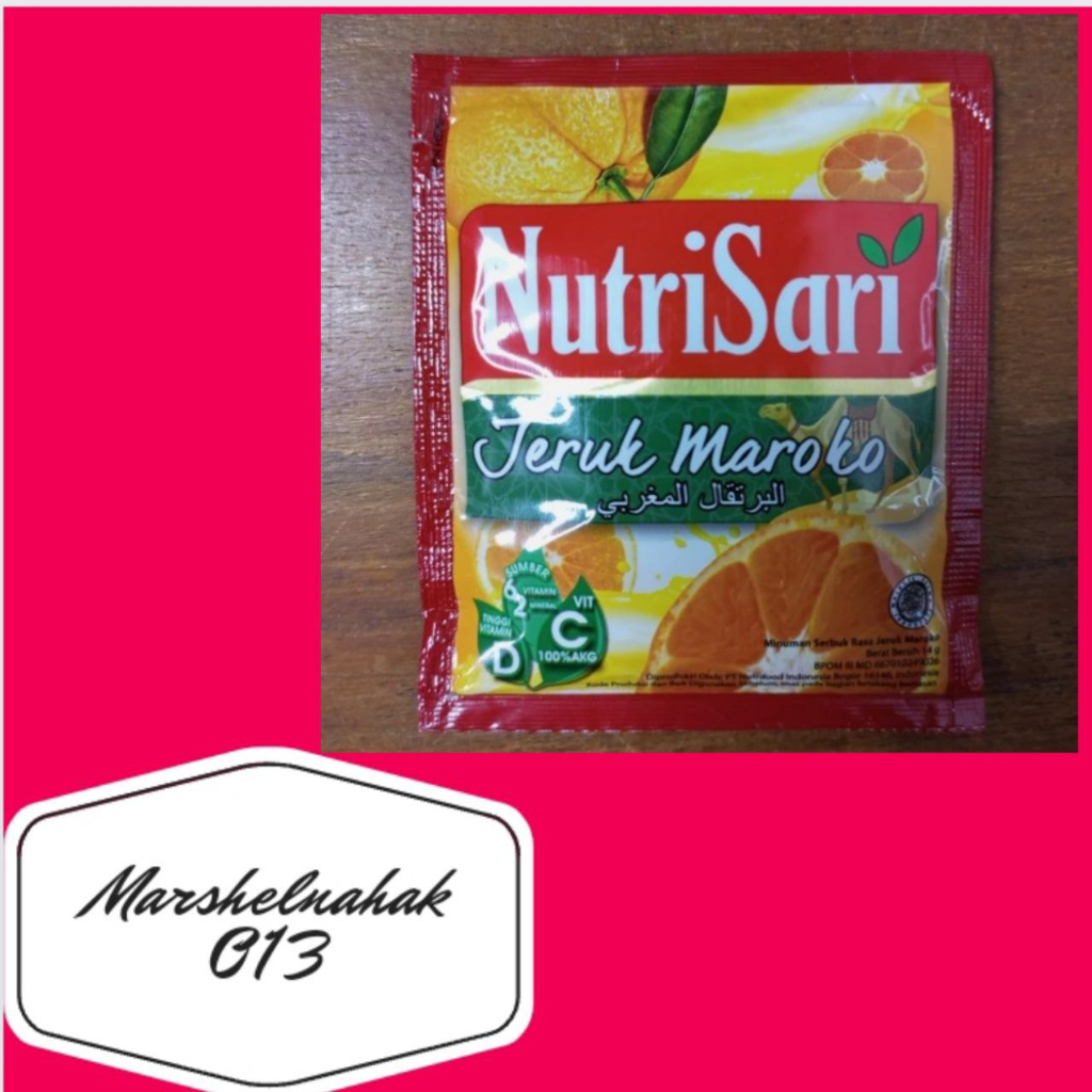 

nutrisari sachet serbuk minuman instan dengan rasa buah jeruk maroko