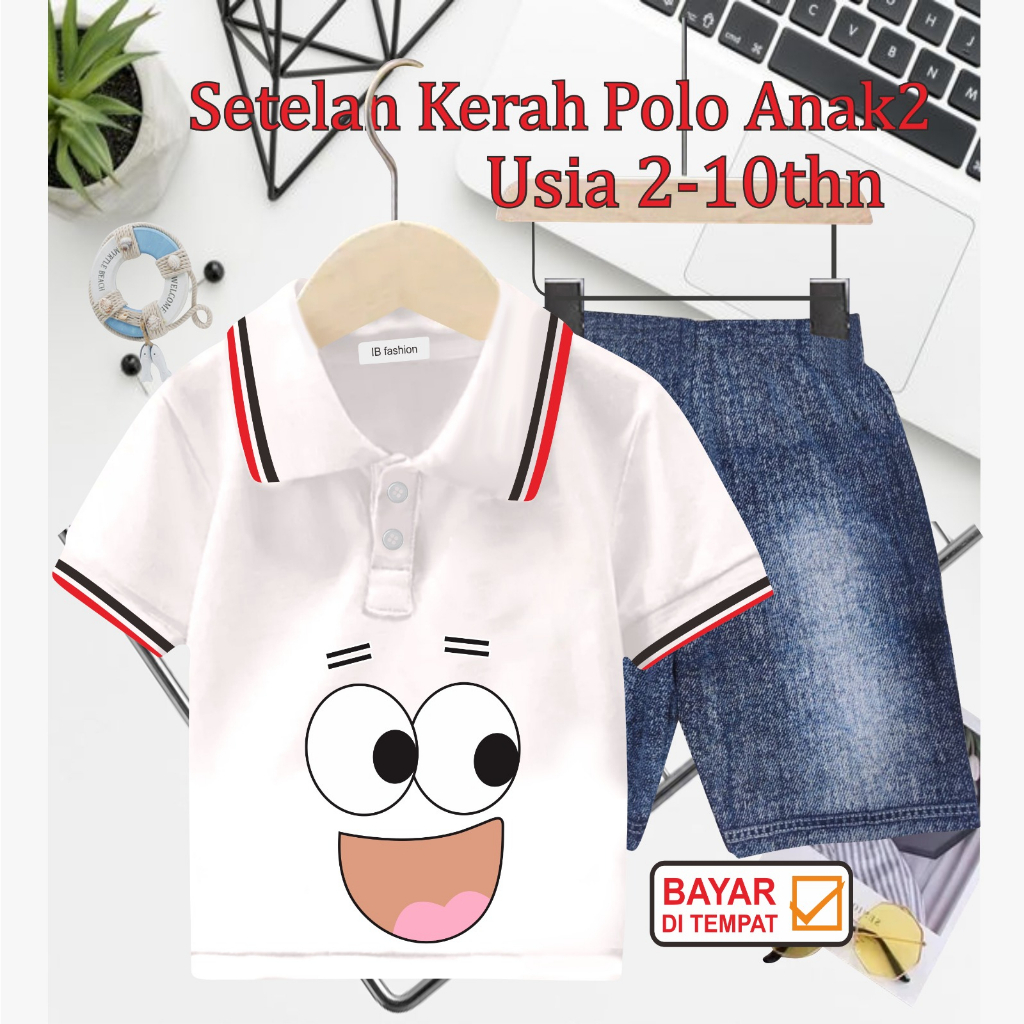 ((IB))SETELAN ANAK2 KERAH POLO SEMI JEANS/MATA DAN MULUTDIGITAL SABLON