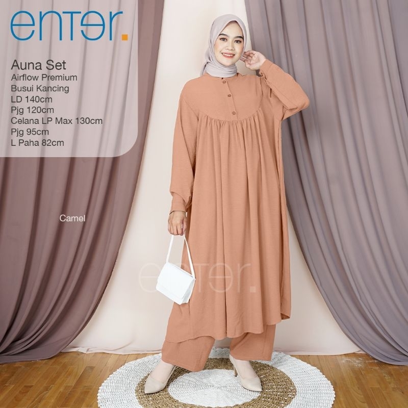 Auna One Set Setelan Jumbo Tunik Celana Muslimah XXXXL Ld140  Bahan Crincle Premium Busui Kancing