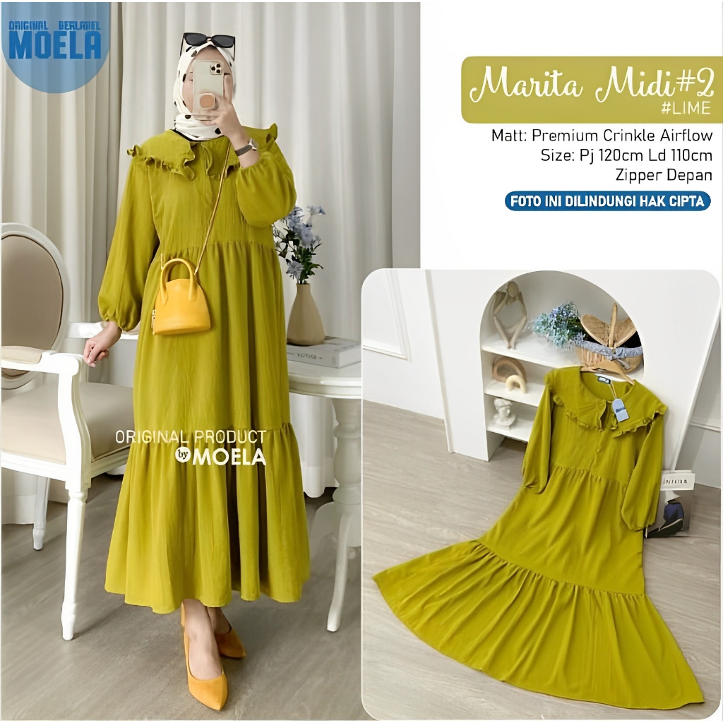 Ramdan Collection - Marita Midi Dress Muslim Bahan Rayon Crinkle Airflow Premium Jumbo Dress Kondangan Lebaran Remaja Terbaru 2023 Lucia Korean Style