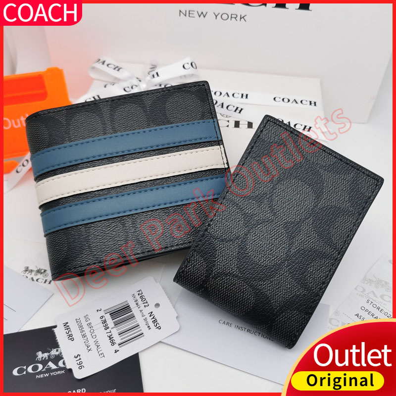 dompet coach pria original 100% Tempat Kartu Dompet Lipat Kulit Bergaris 26072