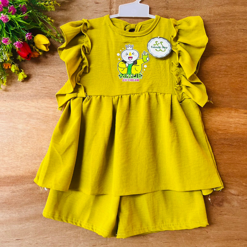 Setelan Anak 2 3 4 Tahun Anak Cewek Perempuan Crinkle Ruffle lucu set anak crinkle sablo kartun lucu kekinian terbaru ( Setelan Ruffle Ciwi dan Ruffle Mixue )