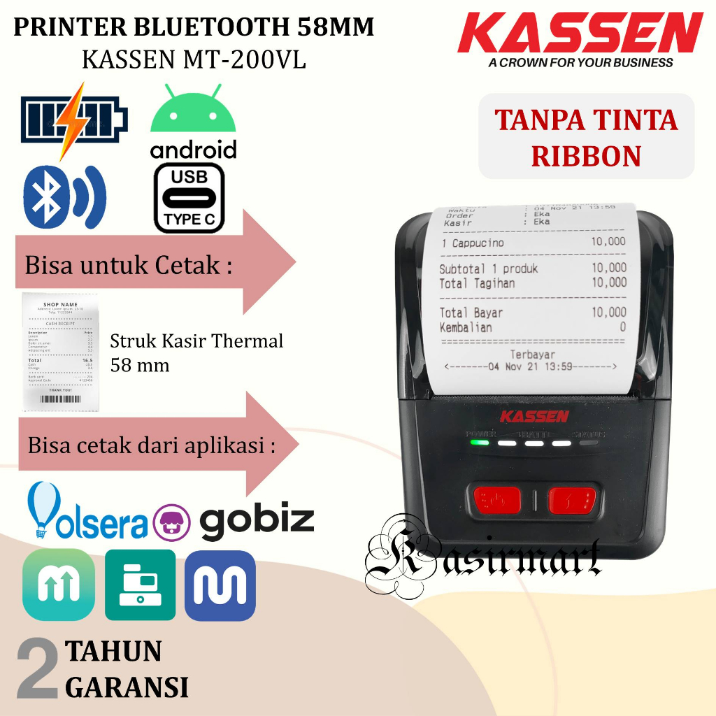 Mobile Printer Bluetooth Kassen MT200VL Mini Printer Bluetooth Thermal Portable 58 Kassen MT 200VL RPP02N Cetak Struk Pembayaran PPOB Mokapos Pawoon Qasir MT-200 / MT200 Pakai Baterai