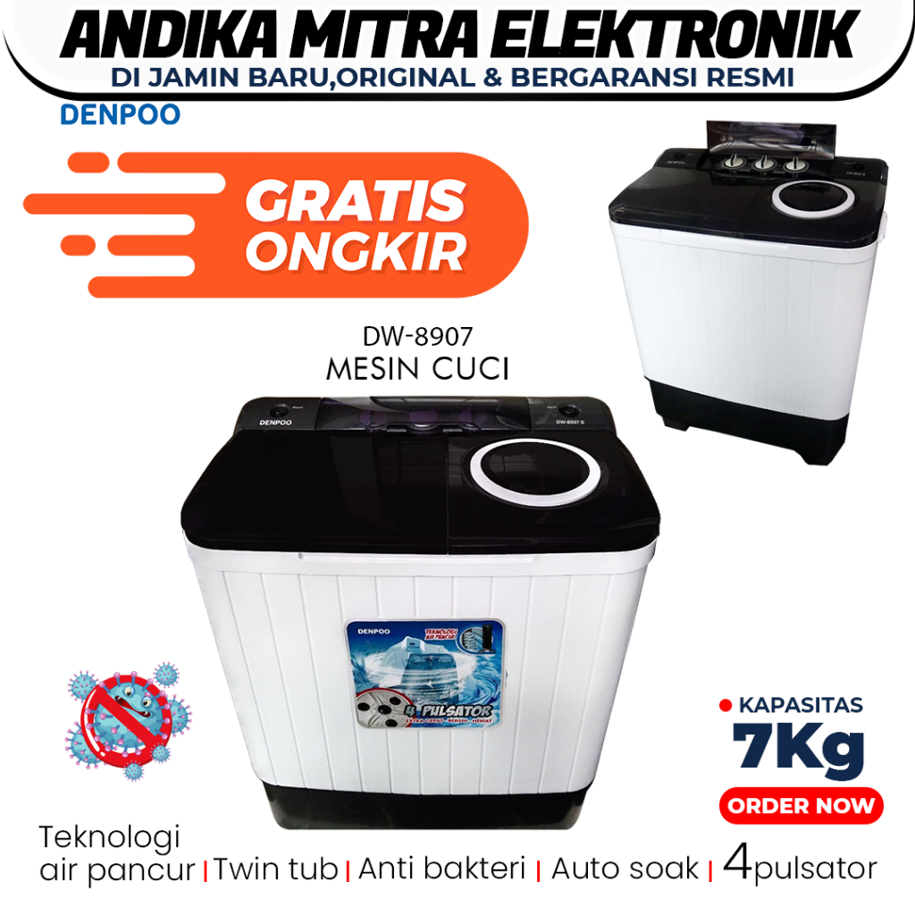 DENPOO MESIN CUCI DW 828 4P 8KG 2 TABUNG TERBARU ANTI BAKTERI DAN HEMAT LISTRIK