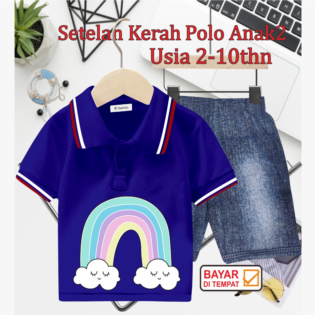 ((IB))SETELAN ANAK2 KERAH POLO SEMI JEANS/RAINBOW DIGITAL SABLON