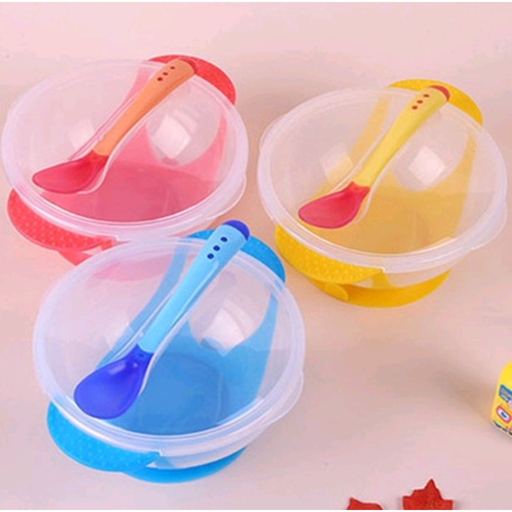 SET MANGKOK SENDOK BAYI SENSOR PANAS ANTI TUMPAH ANTI PANAS ANTI SLIP / ALAT MAKAN SET BAYI MPASI / SET MANGKOK SENDOK MAKAN ANAK SILICONE BPA FREE