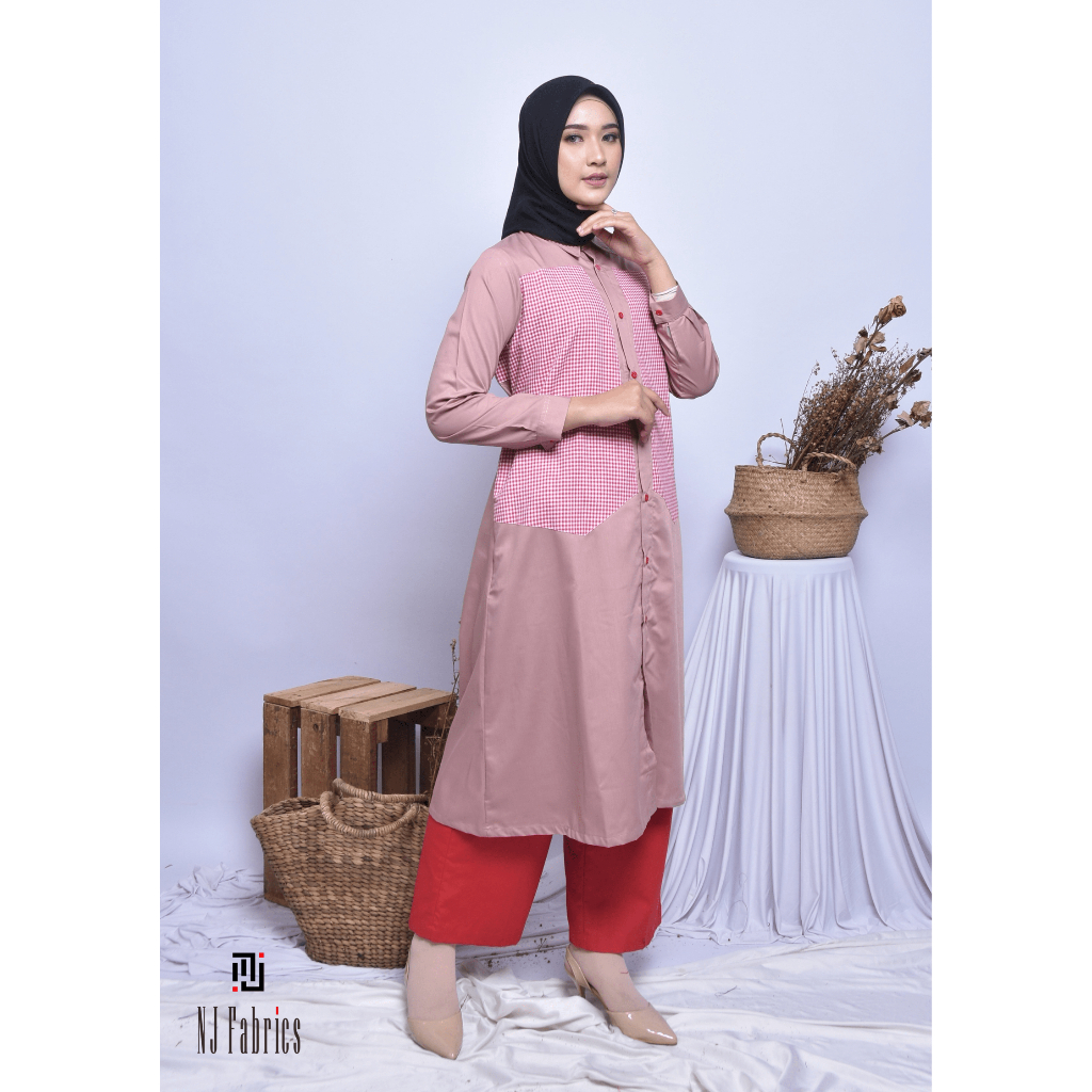 NJFabrics Tunic Comb Vest Atasan Kemeja Tunik Kombinasi Kotak Casual Hijab Wanita Putih - Coklat