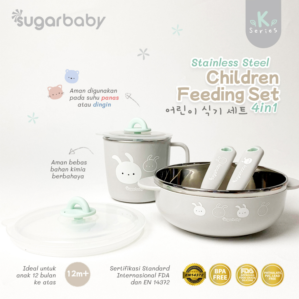 Sugar Baby Stainless Steel Children Feeding Set 4in1 (K-Series)/Set Alat Makan Bayi/Perlengkapan MPASI Bayi