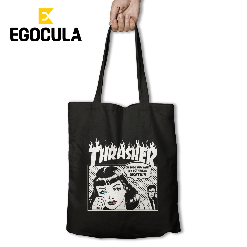 EGOCULA Tote Bag Thrasher Boyfriend Skate Pria Wanita Tas Jinjing Sekolah Kuliah Resleting 30x40