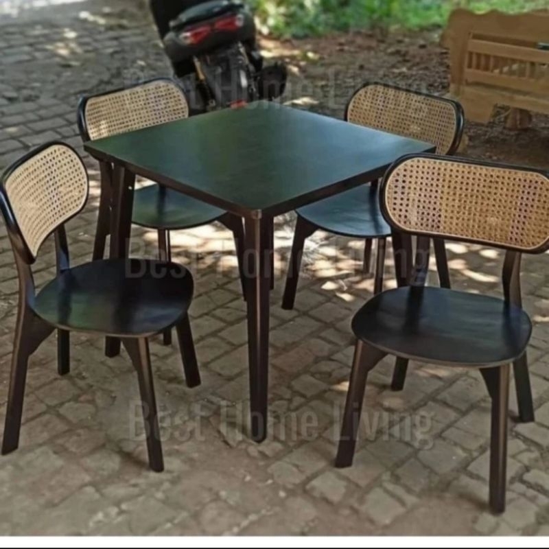 Set Meja Makan 4 Kursi Jati Rotan Duco Hitam