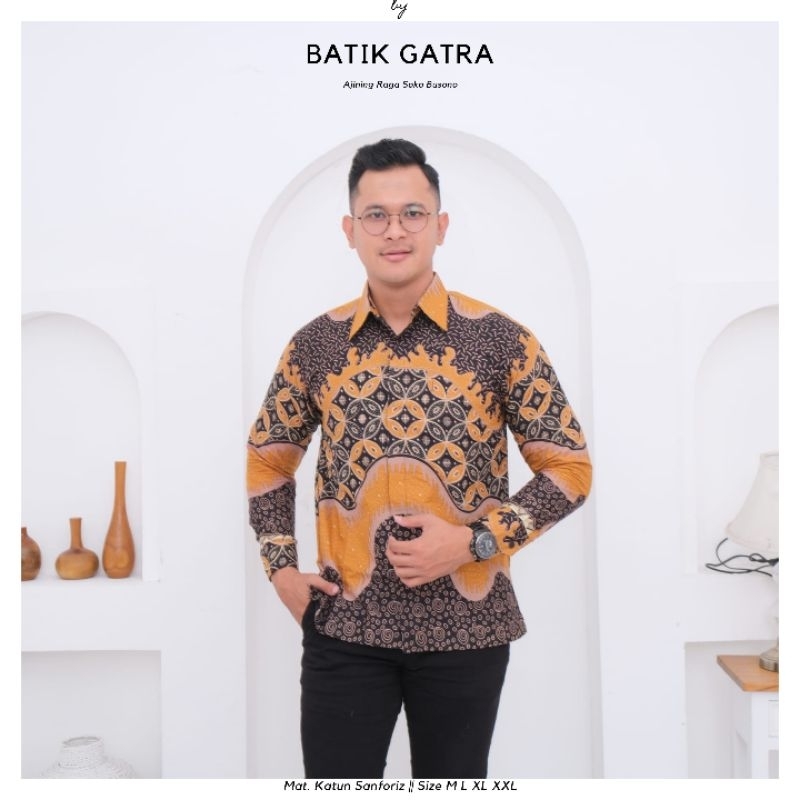 Kemeja batik pria lengan panjang kawung kuning lapis furing