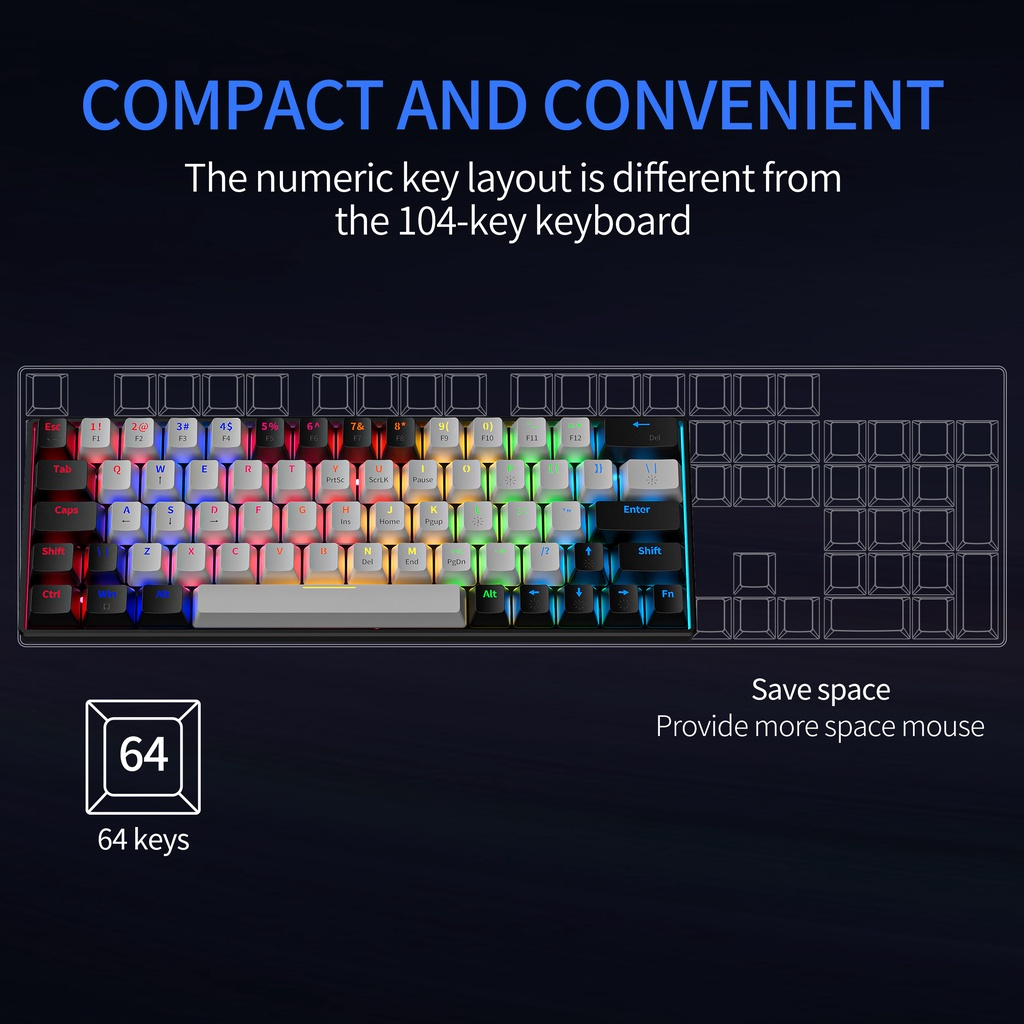 ZIFRIEND 63 Keys Mechanical Keyboard Rainbow Backlit Hot Swappable Blue Red Switch Gaming Keyboard