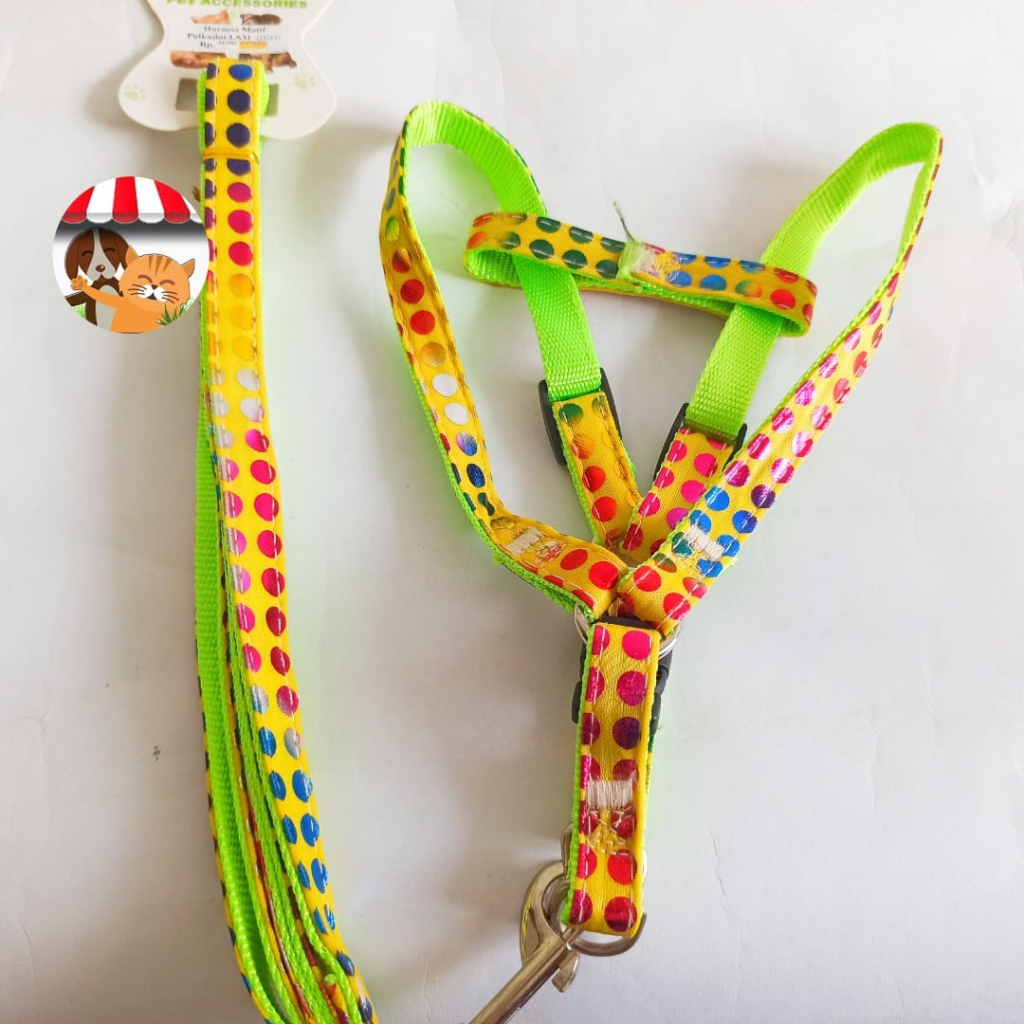 Tali Tuntun Harness Kucing Anjing Leash Motif Bintang &amp; Corak Polkadot