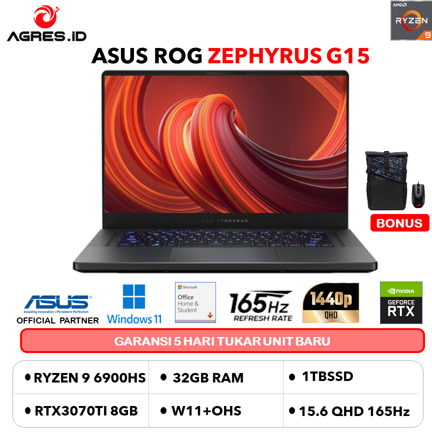 ASUS ROG ZEPHYRUS G15 GA503RW R97RG7GO RTX3070TI 8GB/ RYZEN 9 6900HS 32GB 1TBSSD W11+OHS 15.6QHD 165