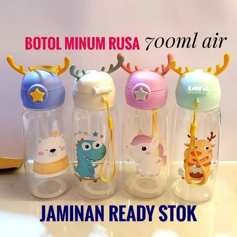 BOTOL MINUM ANAK KARAKTER 700ML 600 ML TALI SEDOTAN TEMPAT MINUM TANDUK RUSA NEW/BOTOL