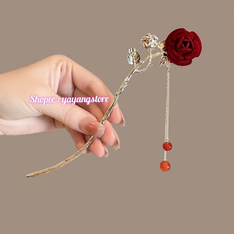 Tusuk Konde / Tusuk Sanggul / Hair Stick / Stik Rambut Merah / Stik Rambut Wanita Sanghai Sangjit Lamaran / Tusuk Konde Cheongsam Cina Merah