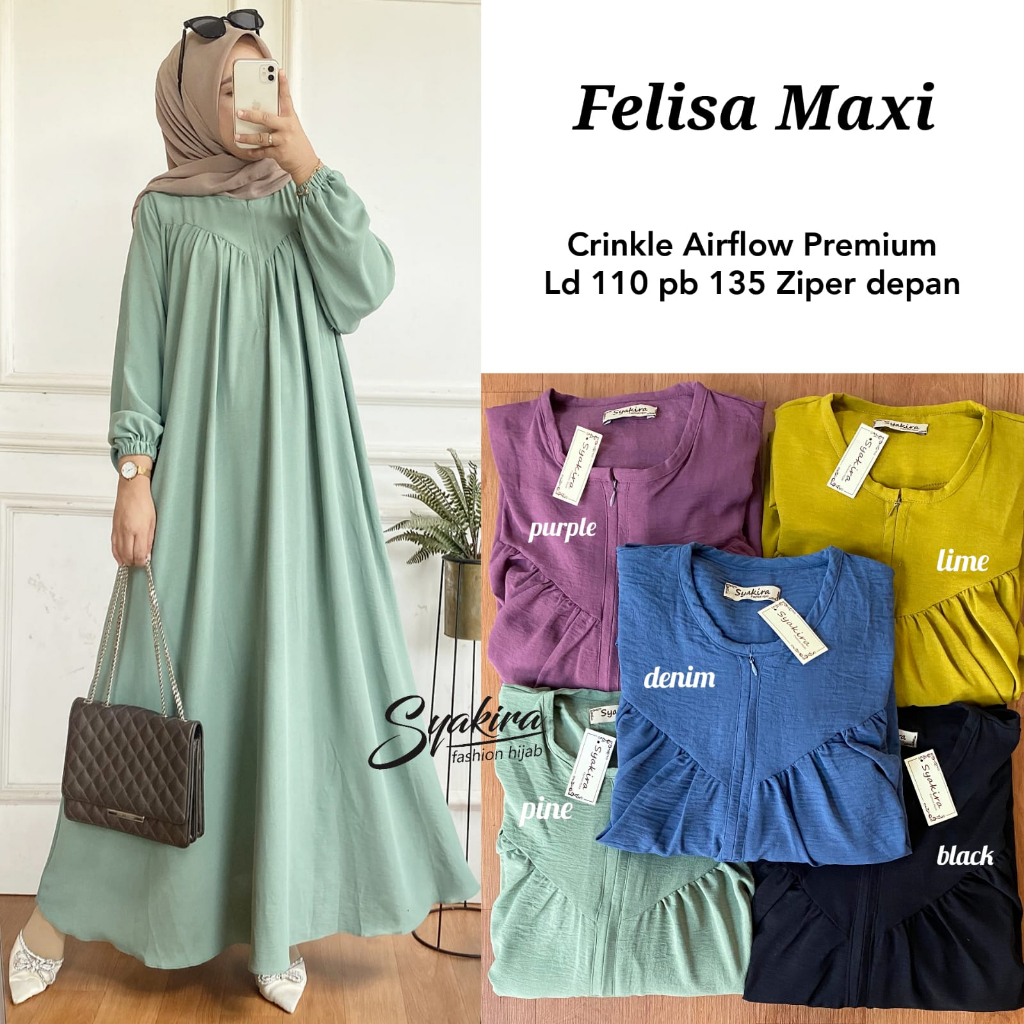 Gamis Wanita Remaja Felisa Maxi Dress Bahan Crinkle Airflow Premium