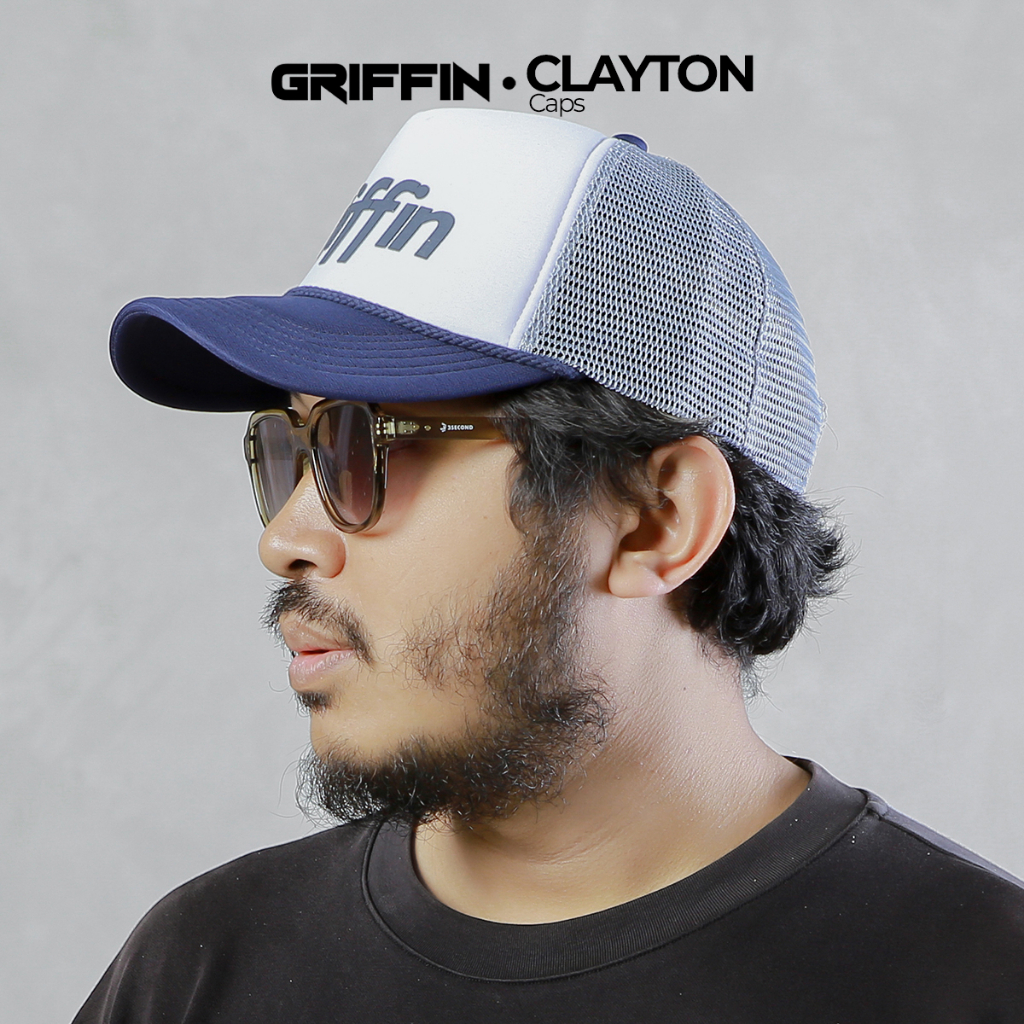 Topi Trucker Pria Wanita Unisex Putih Biru Keren Sablon Hi Density Timbul Clayton by Griffin