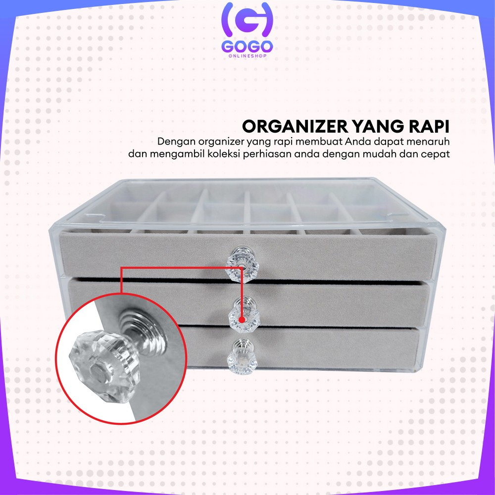 GOGO-K148 Kotak Perhiasan Wanita 3 Laci Jewelry Box dengan Sekat Serbaguna / Tempat Penyimpanan Cincin Kalung Anting Multifungsi / Rak Perhiasan 3 Tingkat Import