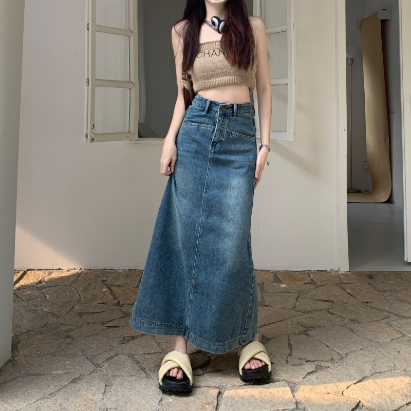 Korean style Rok dres Split a-line skirt Rok panjang denim a-line skirt  midi slit