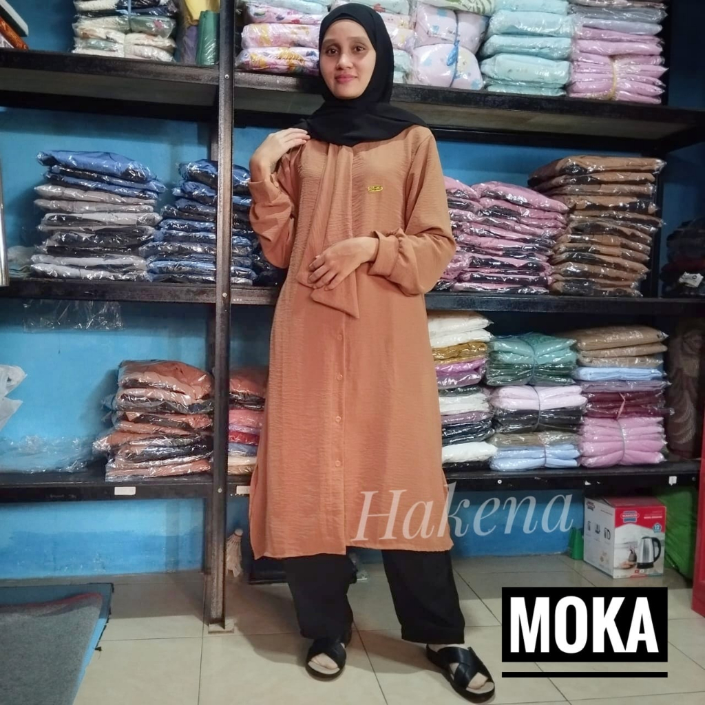 Terbaru Setelan Baju + Celana Wanita Jumbo Qilla Long Set Dewasa Bahan Crinkle Air Flow / Long Tunik Full Kancing COD