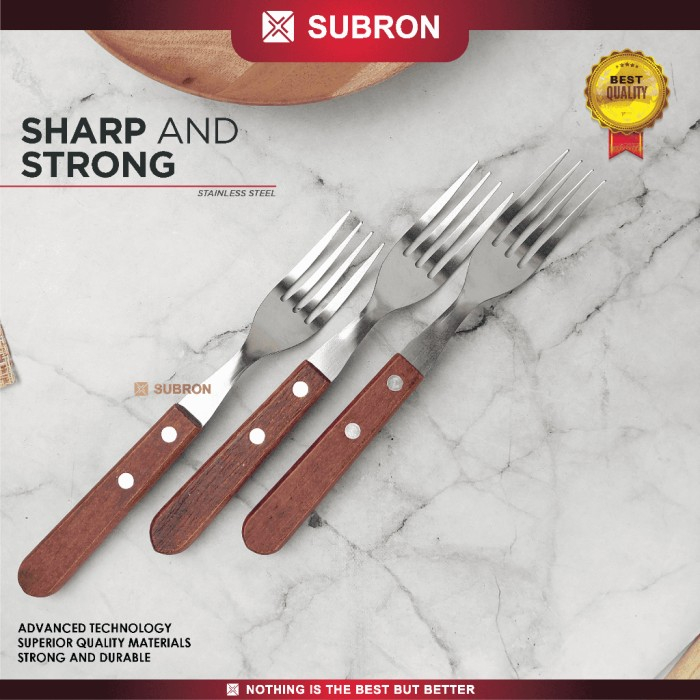 3Pcs Garpu Pisau Makan Steak Handle Kayu Stainless Steel - SUBRON