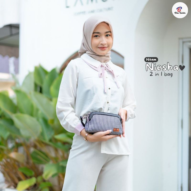 NIESHA BIRU TSABITA TAS HP CEWEK WANITA MOTIF SQUARE MURAH SIMPLE POLYESTER KANVAS