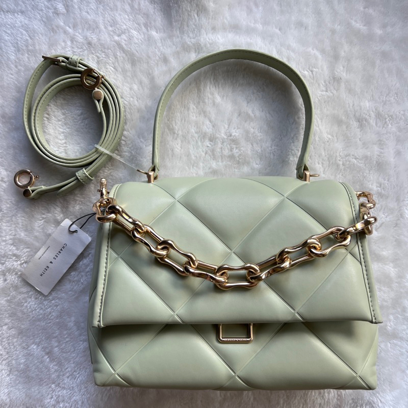Tas Charles And Keith Gemma Chunky Quilted Bag Mint Green Original Preloved