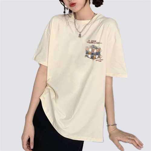 XiaoZhaiNv Kaos Atasan Oversize Wanita Colorful Magic Cube Pattern Lengan Pendek A0480