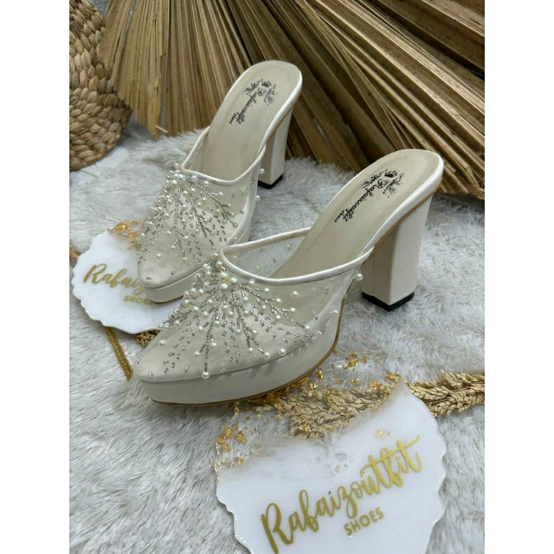 Sepatu wedding pesta Cantik anggun Ivory 9cm tahu