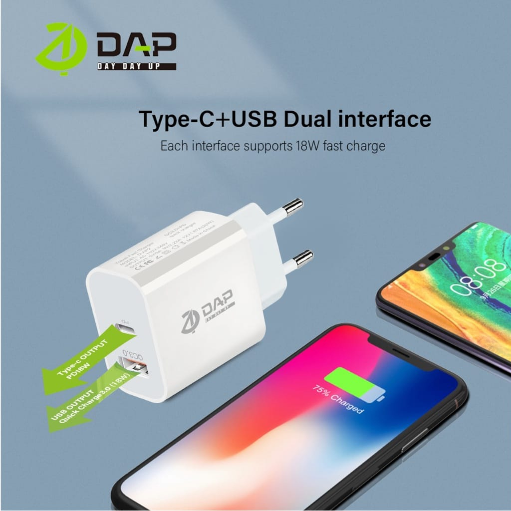 Batok Charger DAP D-AP2 Colokan USB dan TYPE-C Kepala Casan DAP D-AP2 USB dan C Adaptor Charger DAP D-AP2 USB dan TIPE C ORIGINAL