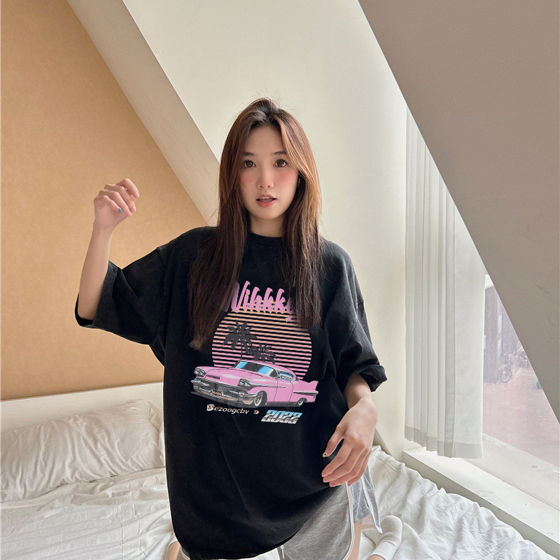 Print Washed T-shirt Kaos Lengan Pendek Oversize Retro Pink Car Korean Style Atasan Wanita