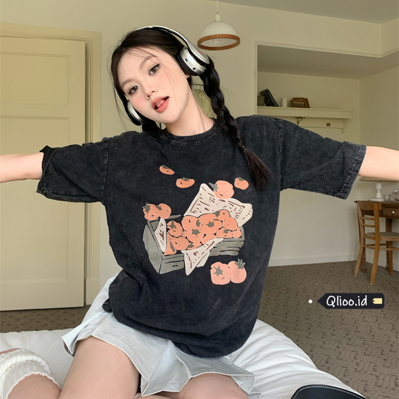 Print Washed T-shirt Kaos Lengan Pendek Oversize Cartoon Tomato Korean Style Atasan Wanita