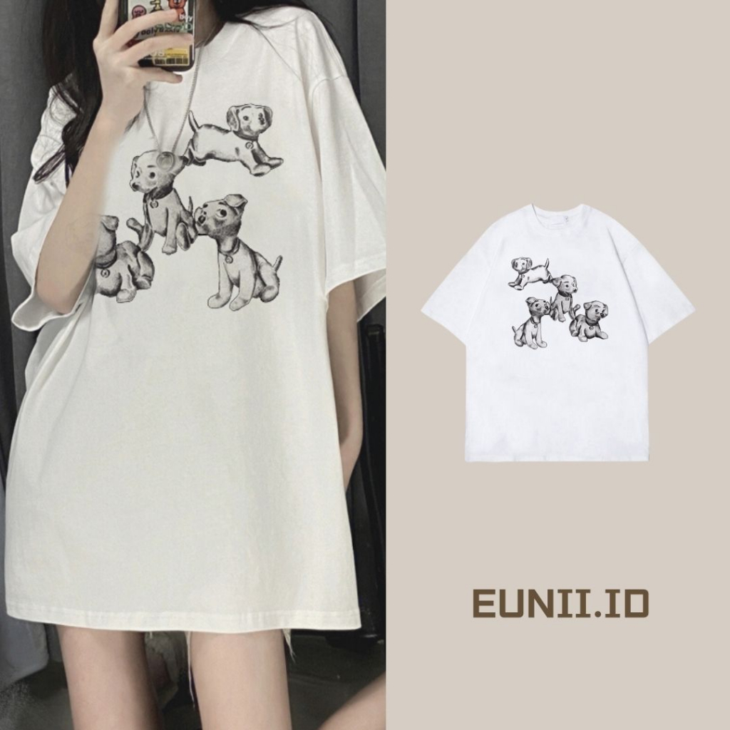 EUNII T-shirt Lengan Pendek Cartoon Dog Family Korean Style/Kaos Atasan Wanita/Baju Kaus Oversize Wanita/Kaos Wanita