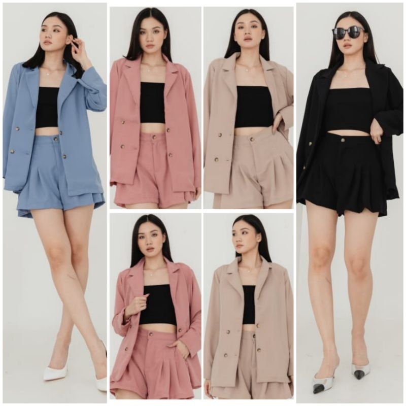 ❣️ SPECIAL PRICE ♡ PREMIUM ♡ ORIGINAL ! JENNIE 2 IN 1 PLAIN 2 IN 1 SET COLLAR BUTTON LONG SLEEVE BLAZER WITH SHORT PANTS / SETELAN OUTER &amp; CELANA PENDEK