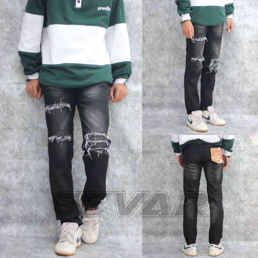 GEVAR Celana Jeans Scrub Ripped Sobek Blackwash