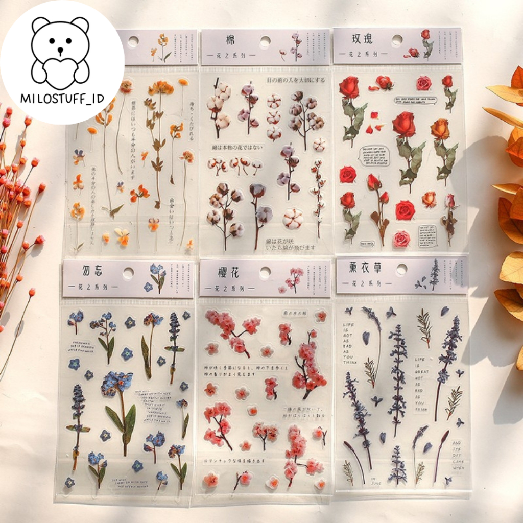 

[MILOSTUFF_ID] Flower Sticker Aesthetic Transparan PET Untuk Jurnal DIY Scrapbook--MS0043