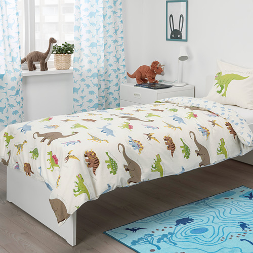 JATTELIK Sarung duvet 150x200 cm dan sarung bantal 50x80 cm, dinosaurs/putih