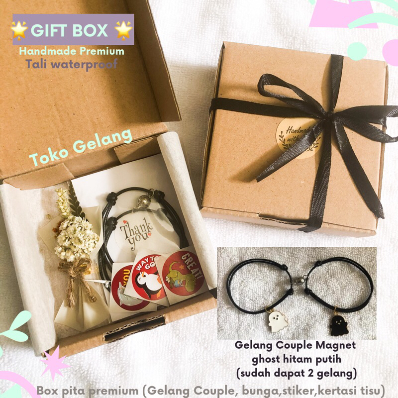 (New) Box Gift Pita + 2 Gelang Ghost (Hantu) Hitam Putih / Gelang Couple Magnet Tali Premium Pria Wanita