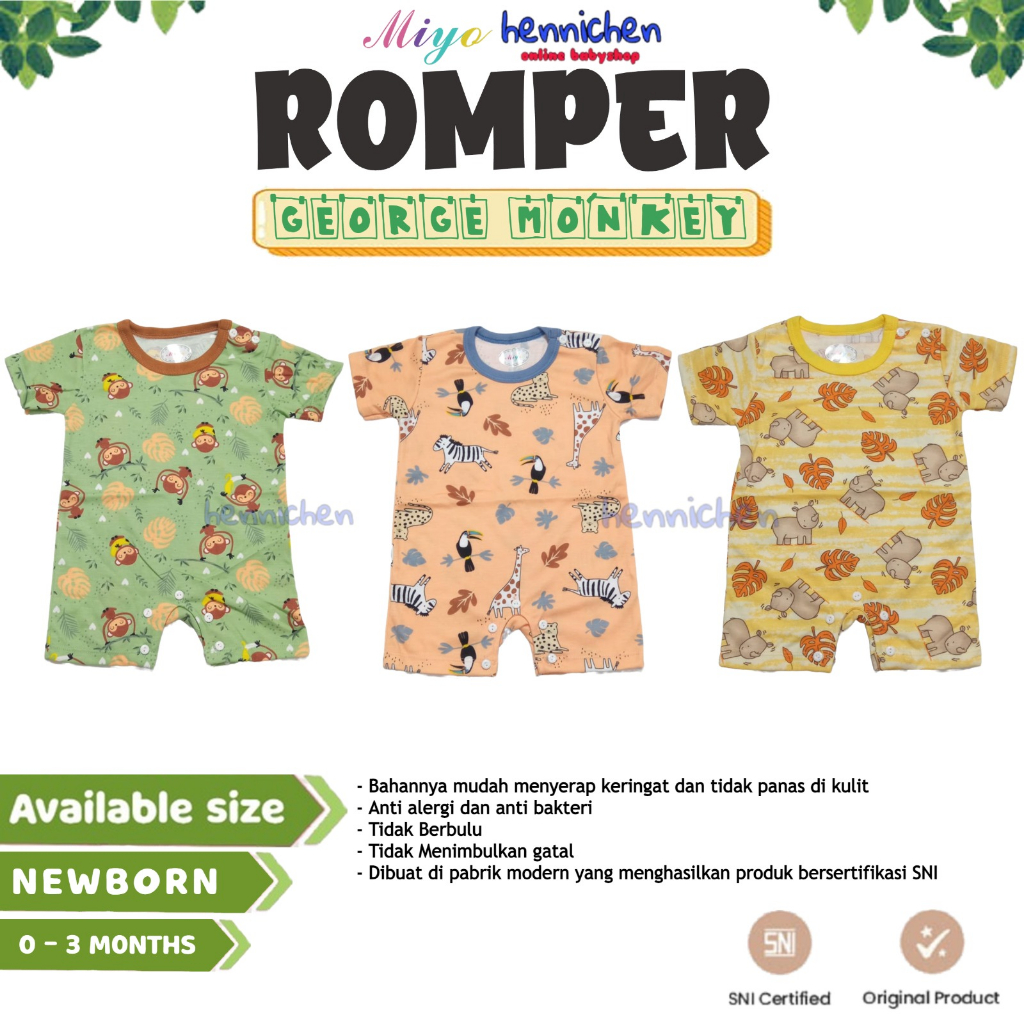 MIYO by libby Baju Kodok Segiempat MOTIF GEORGE MONKEY /Romper Bayi/Baby PRINT Newborn (0-3M ) SNI