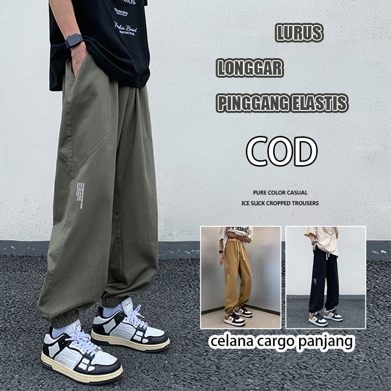 Celana panjang pria Celana cargo panjang cowok Korean style celana karet hijau baggy pants loose straight pants celana santai pria oversize jogger celana boyfriend celana dasar pria 2023