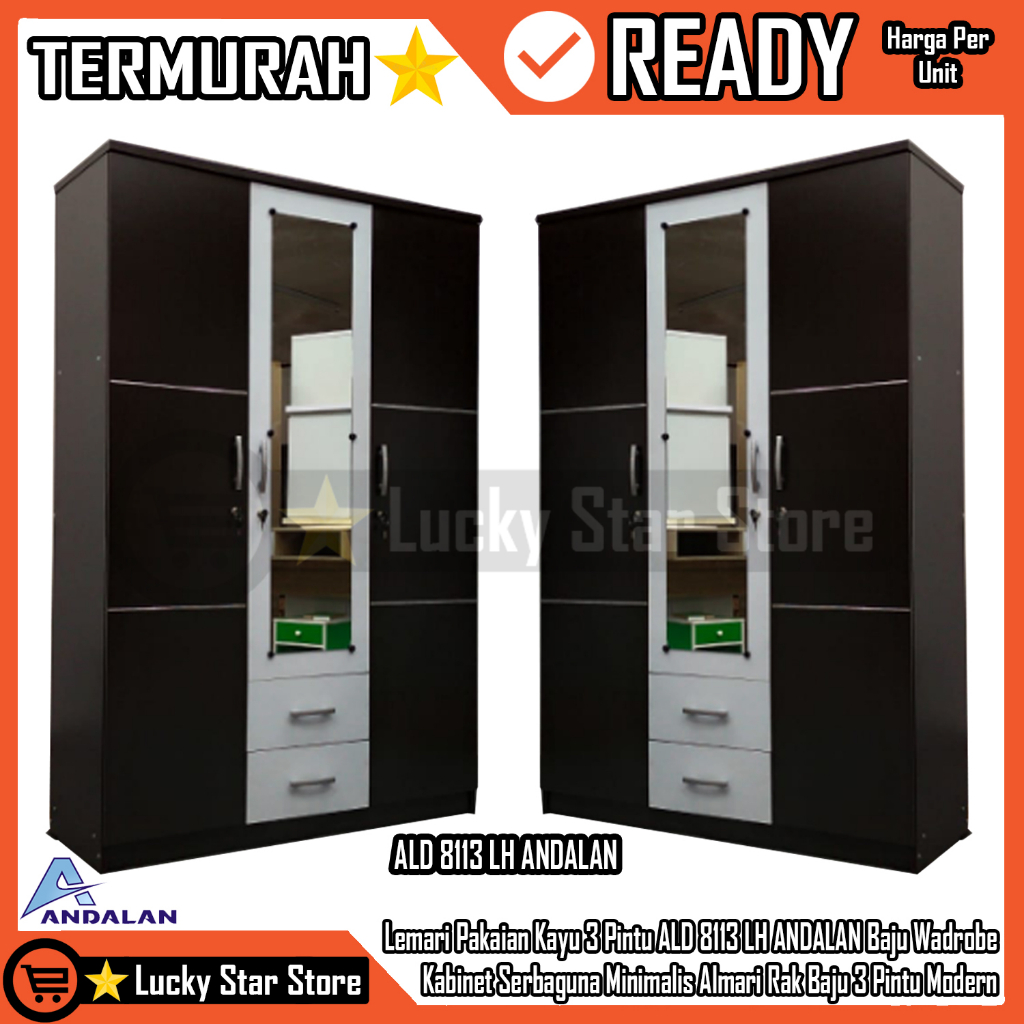 [Kargo] Lemari Pakaian Kayu 3 Pintu ALD 8113 LH Andalan Baju Wadrobe 120x43x180,9 cm Kabinet Serbagu