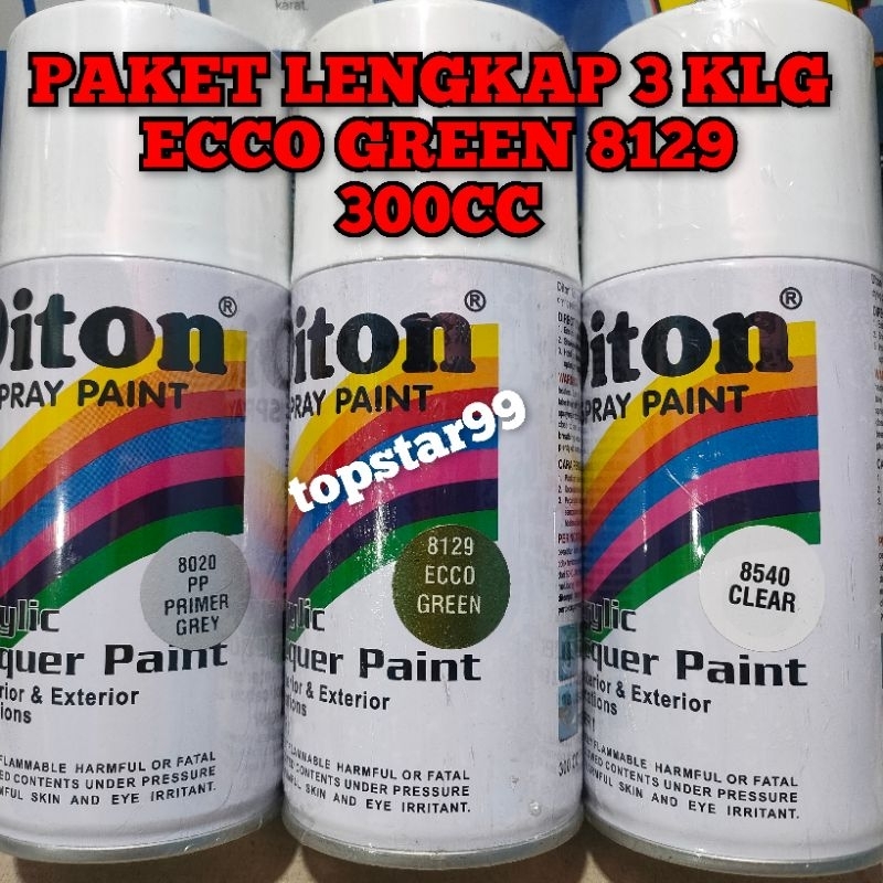 Pilok Cat Diton Paket Lengkap 3 Kaleng 300cc Ecco Green 8129 Primer Grey 8020 Clear Glossy 8540