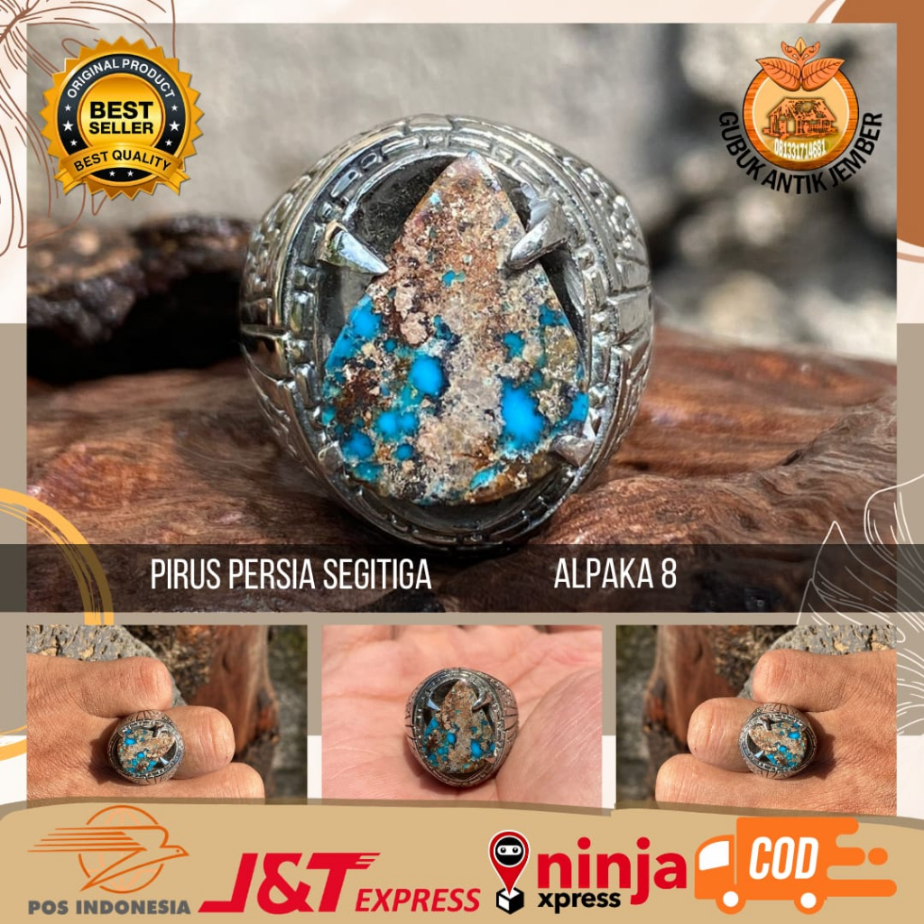 Cincin Batu Akik Natural (Asli) Pirus Persia (Iran) Biru Brasuta Hu (COD) Dim Kantoran Ring Alpaka P