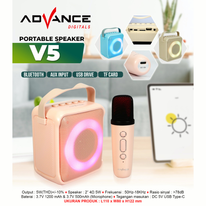 Advance V5 Bluetooth Speaker Mini 2 Inch Aktif Portable Karaoke Extra Bass Gratis 1 Microphone Garansi 1 Tahun